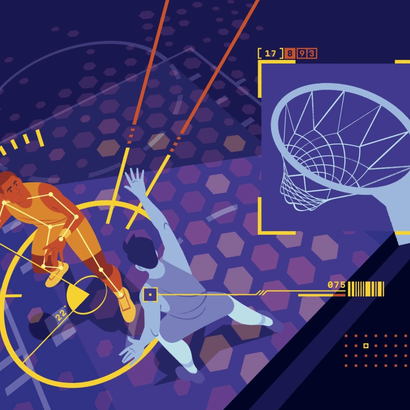 An illustration of two male basketball players under a hoop, in the style of a video game.