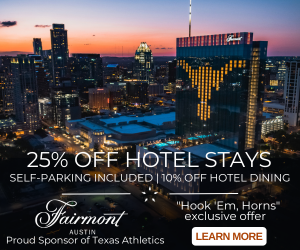 An ad for the Fairmont Hotel shows the Austin skyline at dusk.