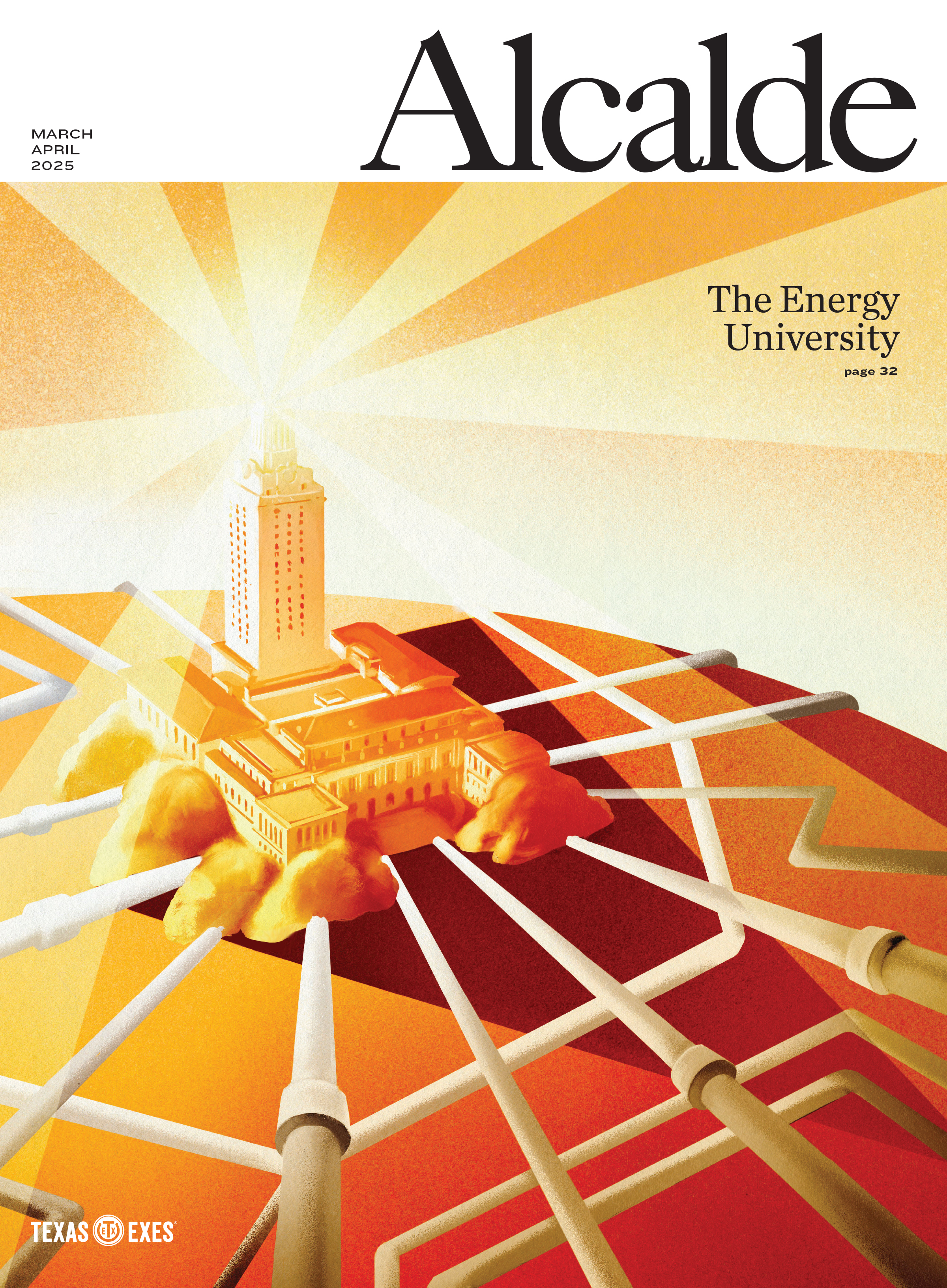 Alcalde magazine cover illustration shows pipes coming out of the UT Tower in shades of gold and orange.