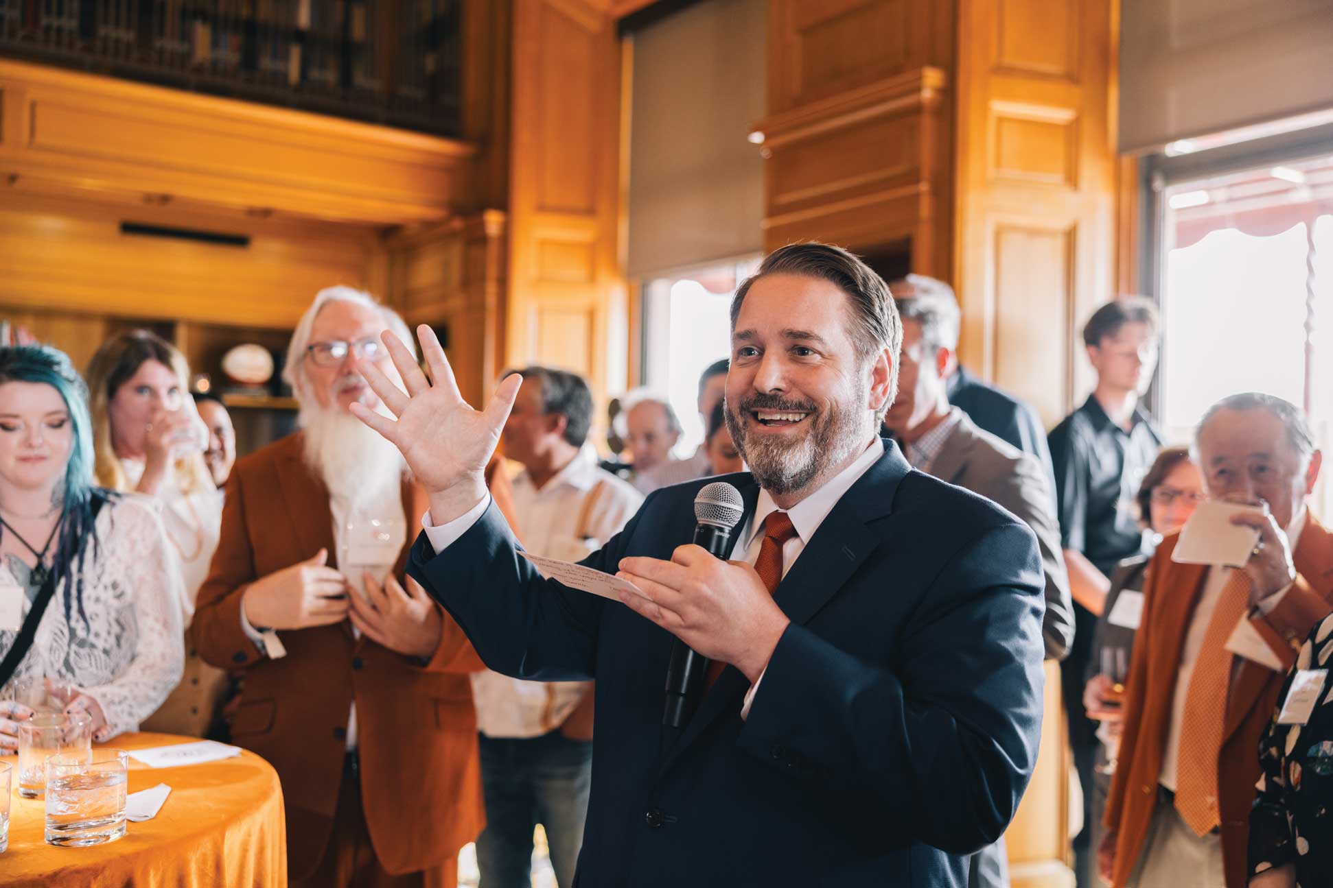 Jim Davis speaks at a donor event. 