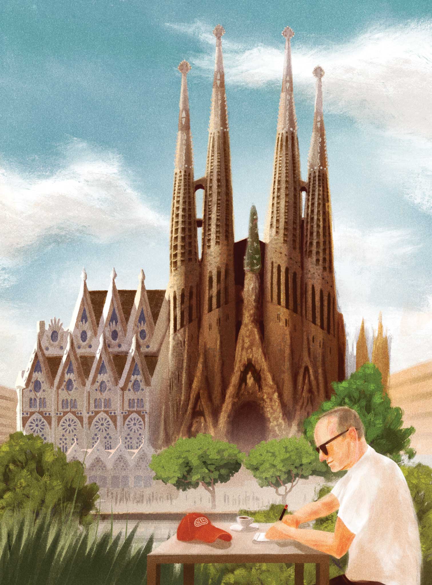 An illustration on Paul Begala writing. 