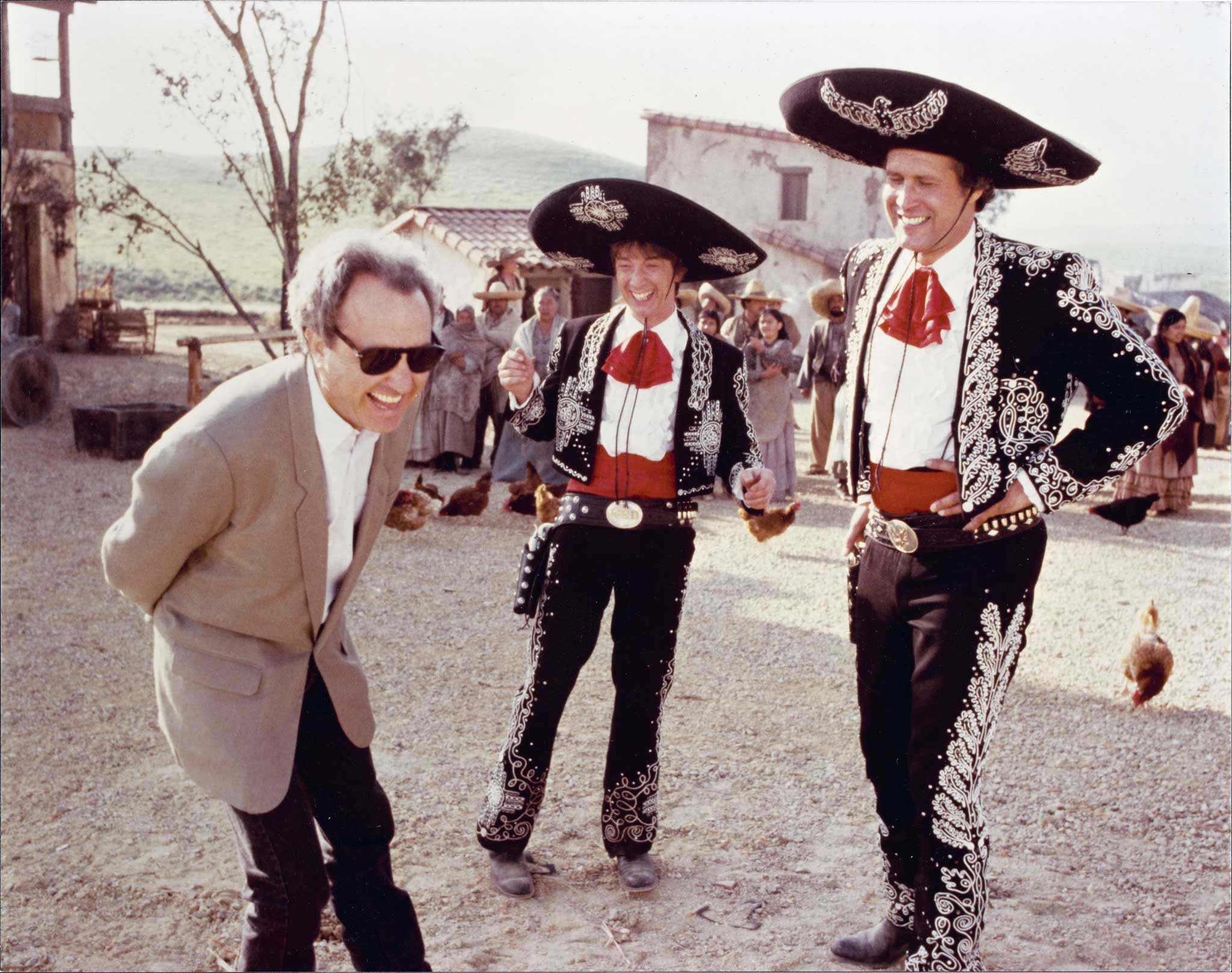 Lorne Michaels on set with Martin Short and Chevy Chase