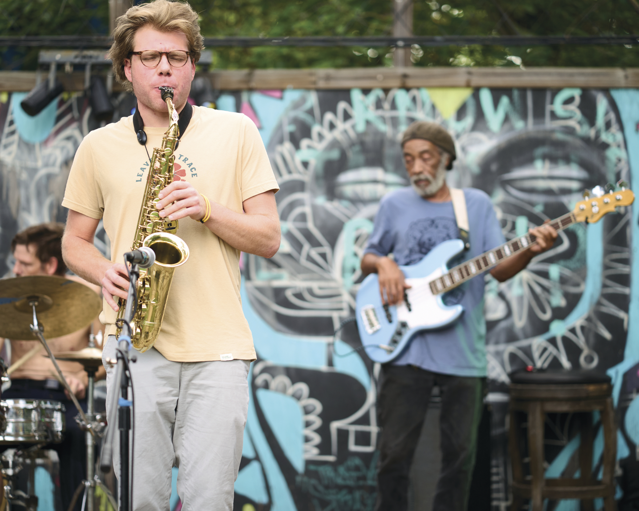 Musicians play at a blues jam. 