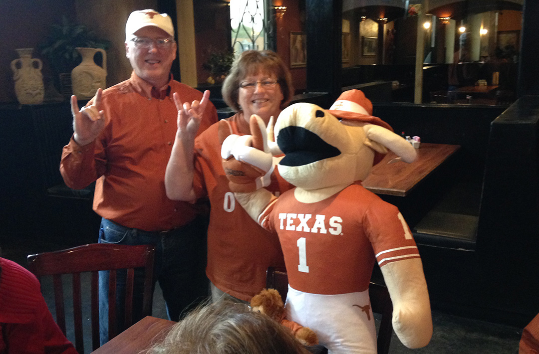Longhorn fans and a stuffed Bevo.