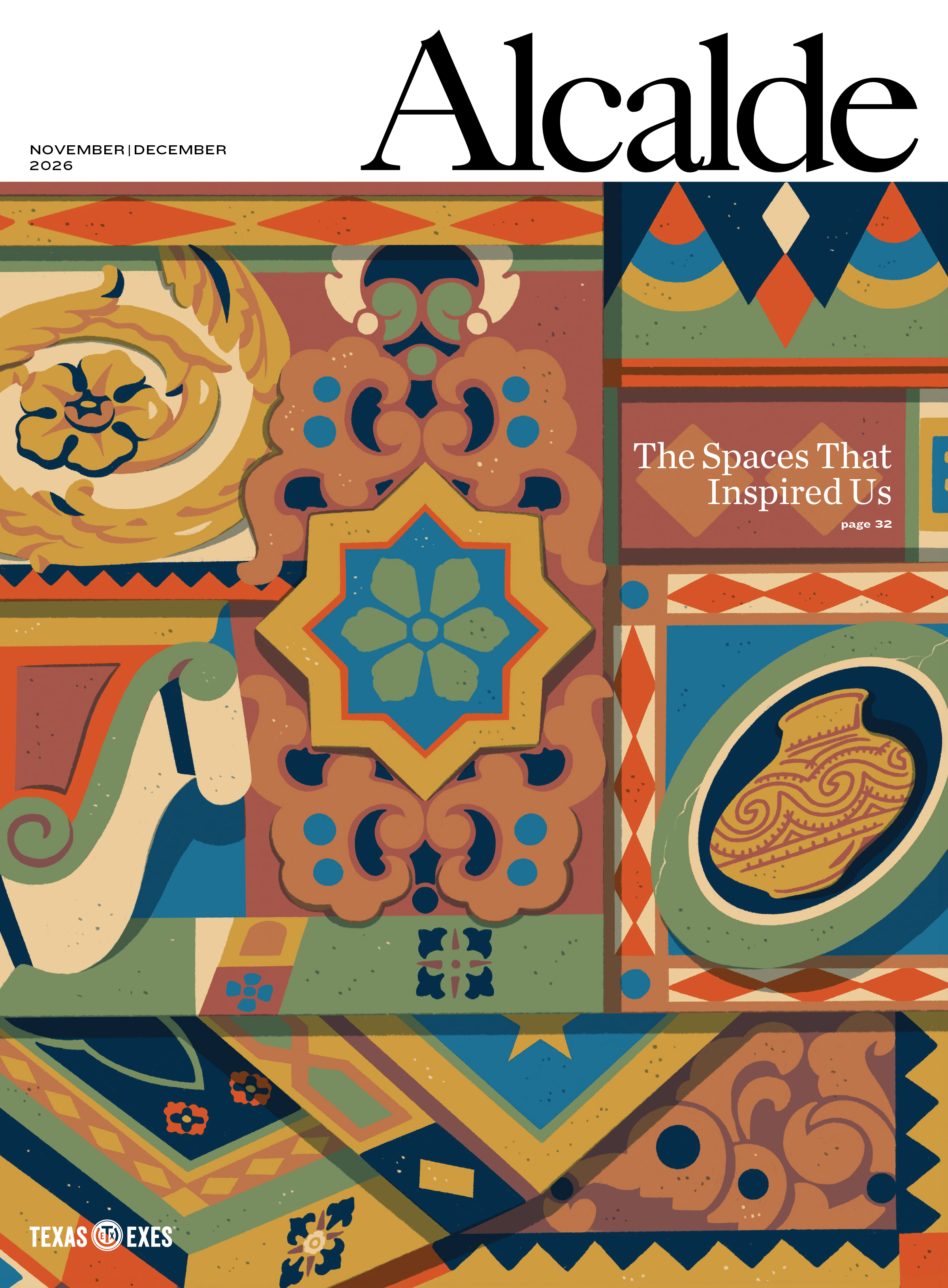 The cover of a magazine with abstract renderings of painted ceiling motifs.