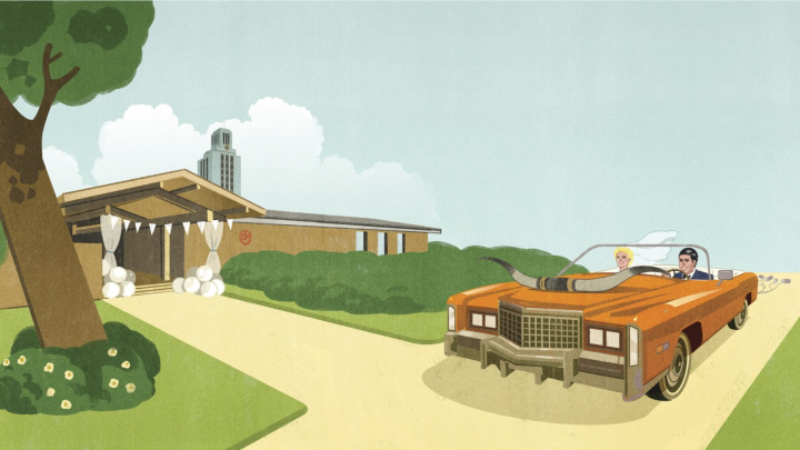 car driving by alumni center