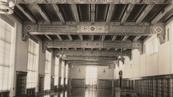An archival shot of an empty Hall of Noble Words at UT.