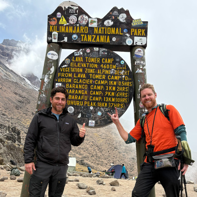Two climbers at the base sign of Mount Kilimanjaro