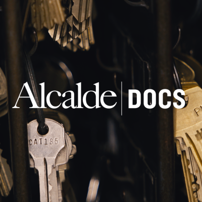 The title "Alcalde Docs" over an image of a hanging rack full of multi-colored keys.