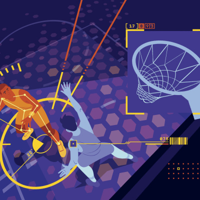 An illustration of two male basketball players under a hoop, in the style of a video game.