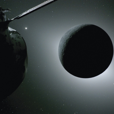 A solar eclipse as photographed around the moon on a lunar flyby.
