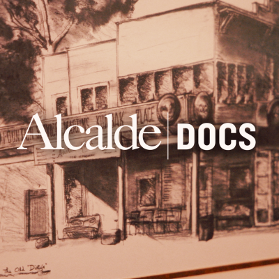 White text reading "Alcalde Docs" is superimposed on a sepia sketch of Dirty Martin's Place, the iconic hamburger joint in Austin.