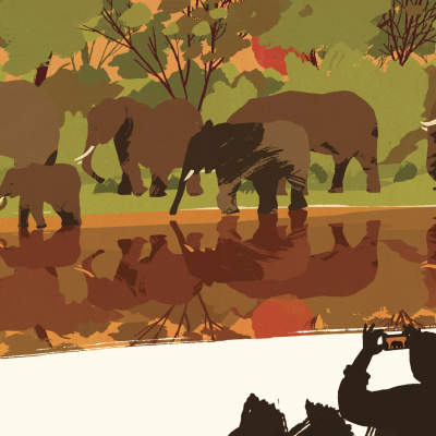 An illustration in earth tones of a tourist's silhouette taking a photo of an elephant herd walking alongside a body of water.
