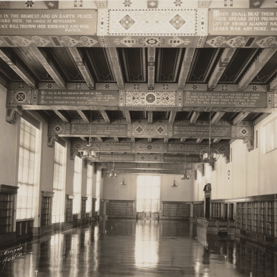 An archival shot of an empty Hall of Noble Words at UT.