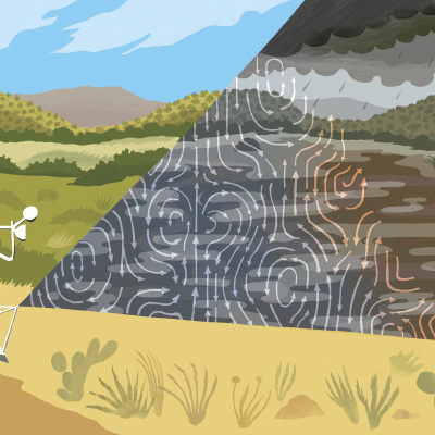An abstract illustration of weather instruments looking out onto a landscape.