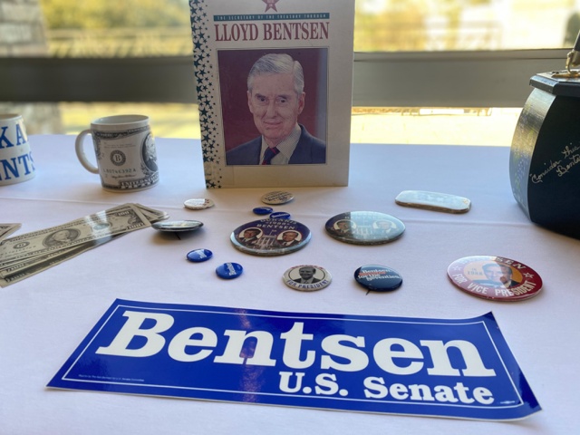 Memorabilia from Bentsen's time in politics adorns a table.