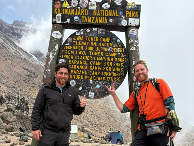 Two climbers at the base sign of Mount Kilimanjaro