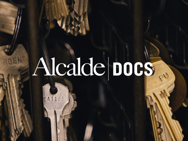 The title "Alcalde Docs" over an image of a hanging rack full of multi-colored keys.