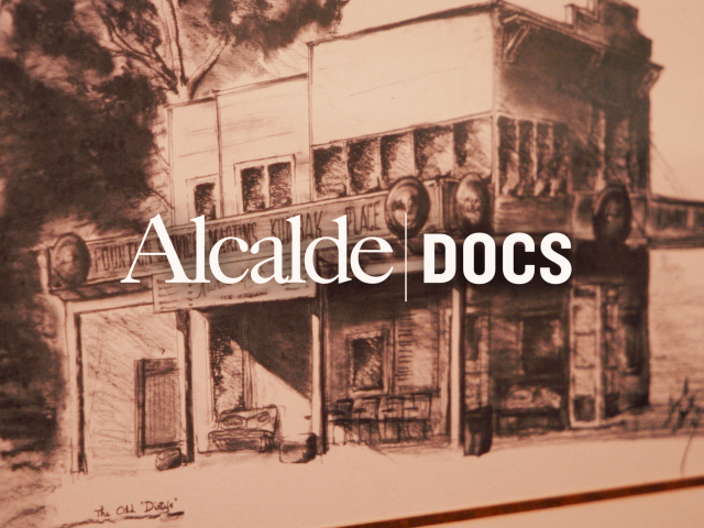 White text reading "Alcalde Docs" is superimposed on a sepia sketch of Dirty Martin's Place, the iconic hamburger joint in Austin.
