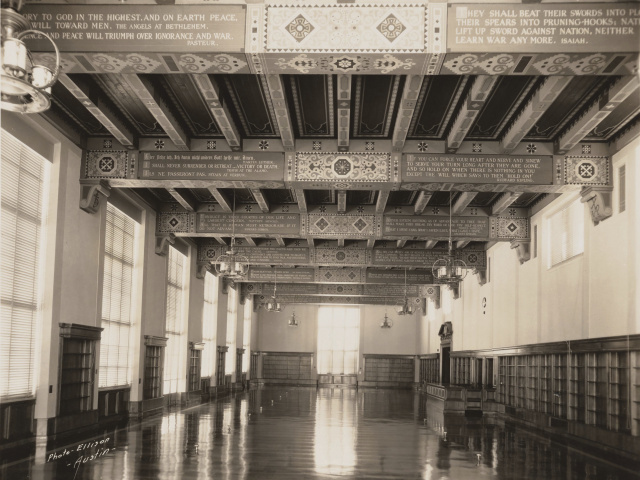An archival shot of an empty Hall of Noble Words at UT.