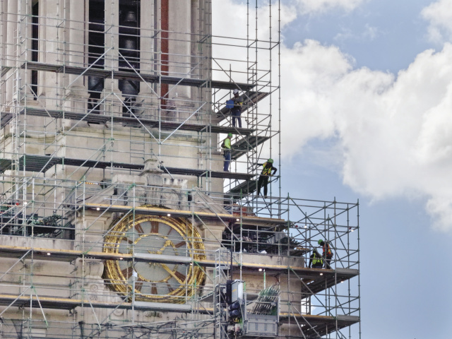 The UT Tower behind scaffolding.