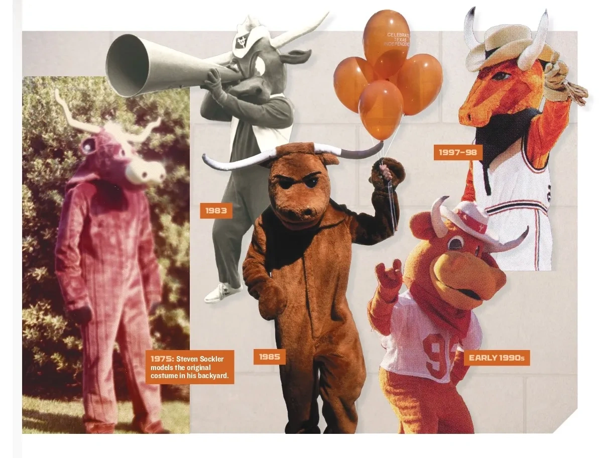 A collage of old versions of a stuffed Longhorn mascot.