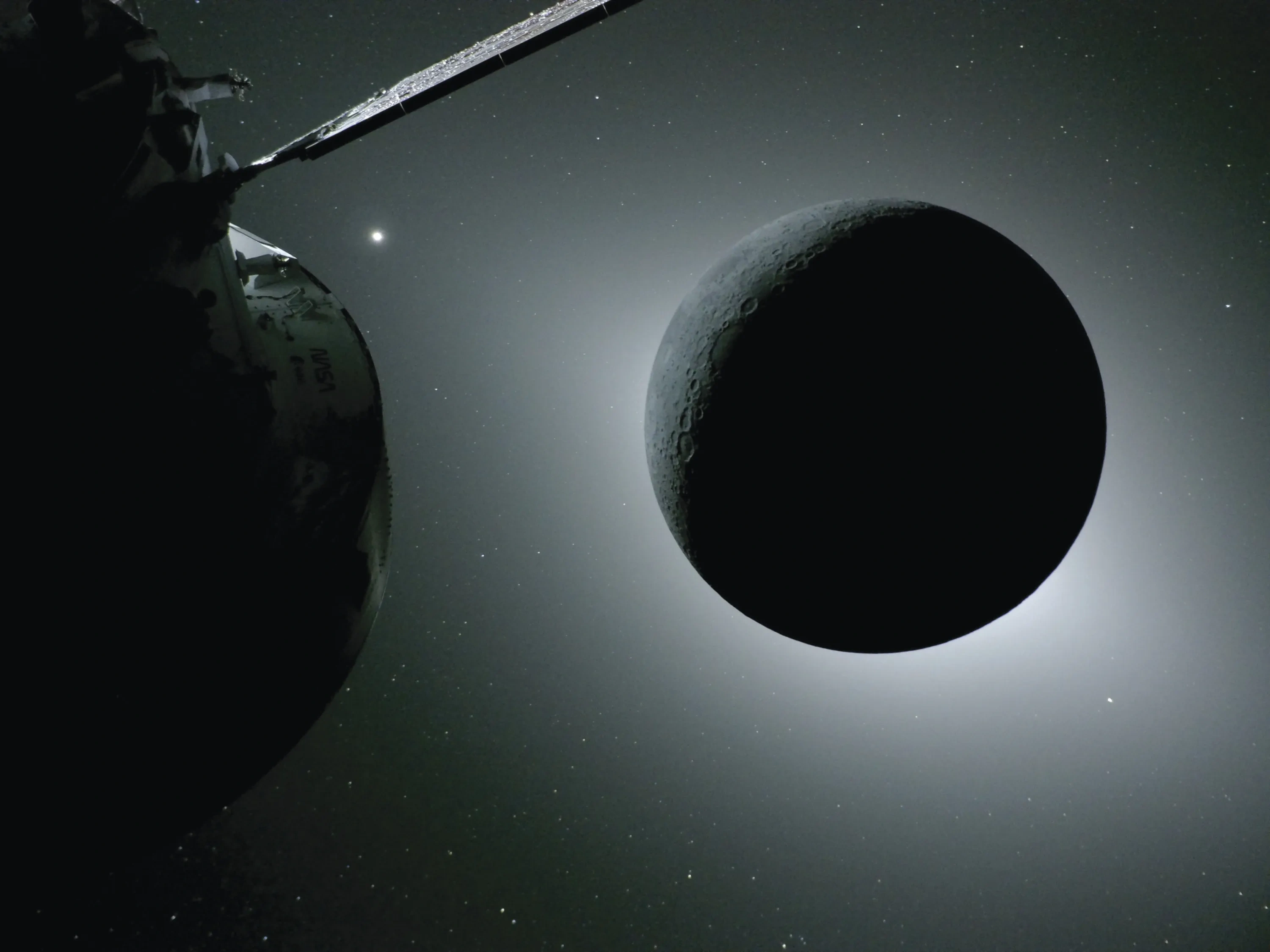 A solar eclipse as photographed around the moon on a lunar flyby.