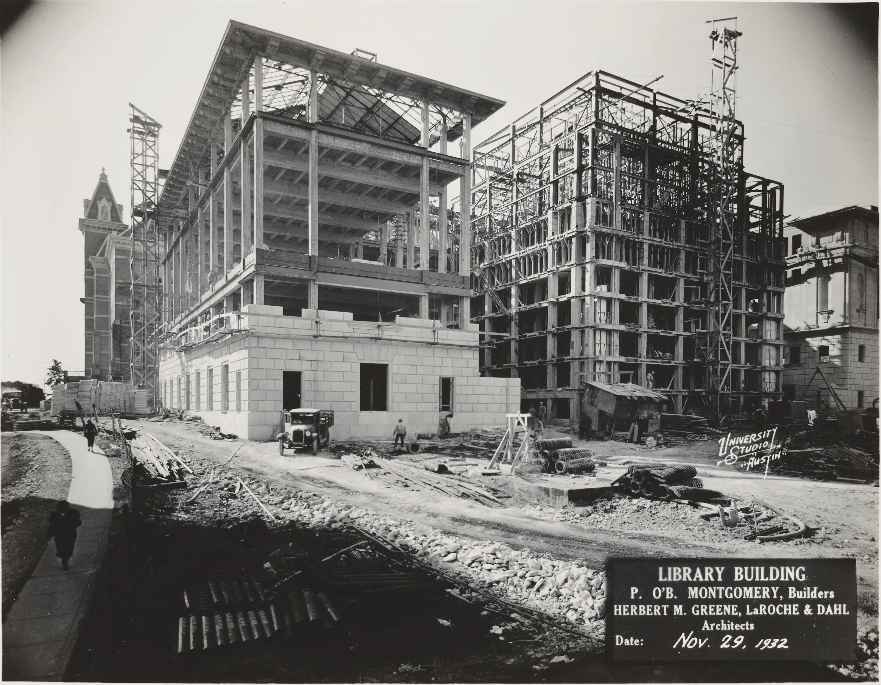 Archival photo of the Tower under construction.