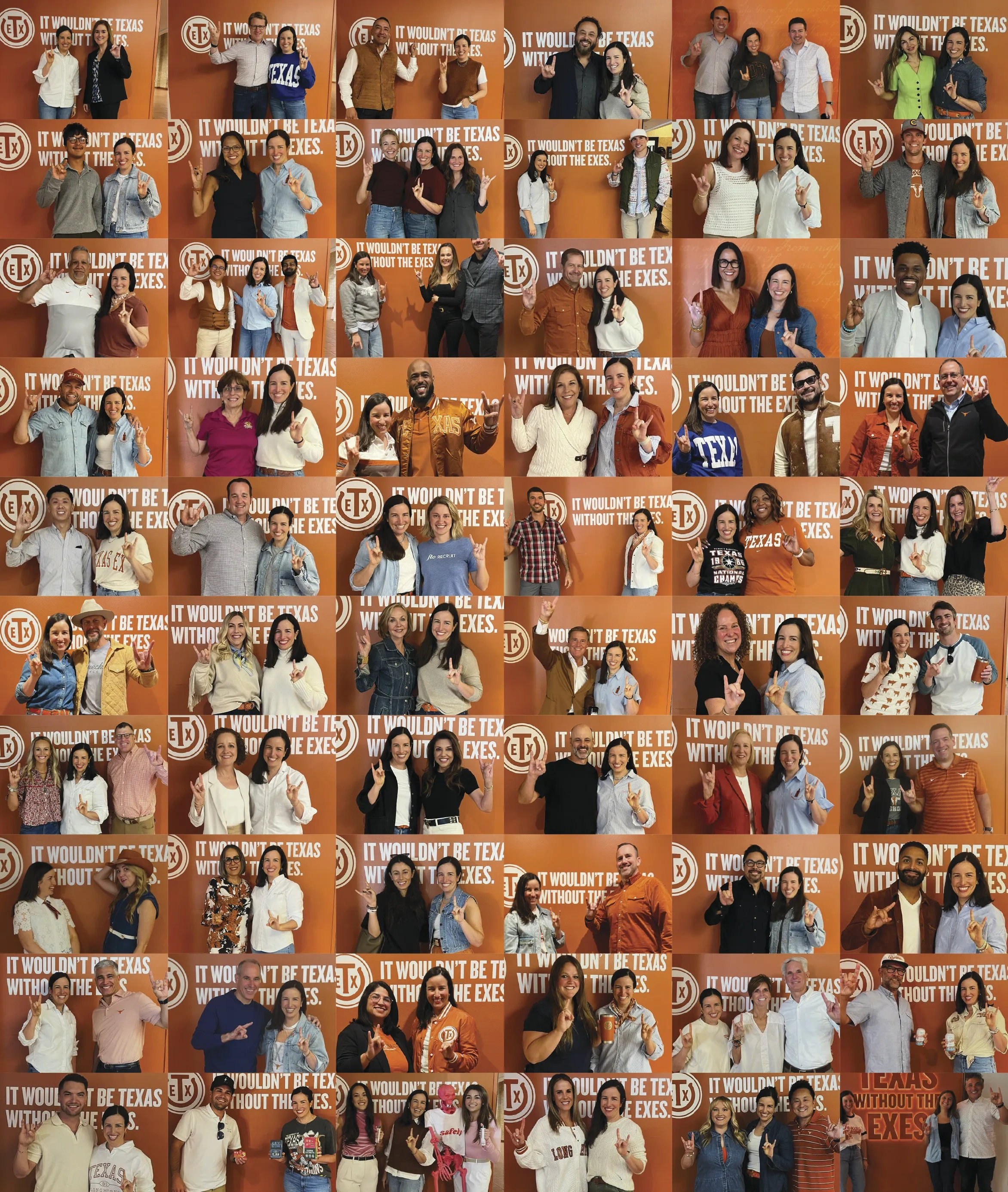 A collage of some of the Hello Longhorn podcast guests standing in front of a burnt-orange wall with white text reading "It Wouldn't Be Texas Without the Exes."