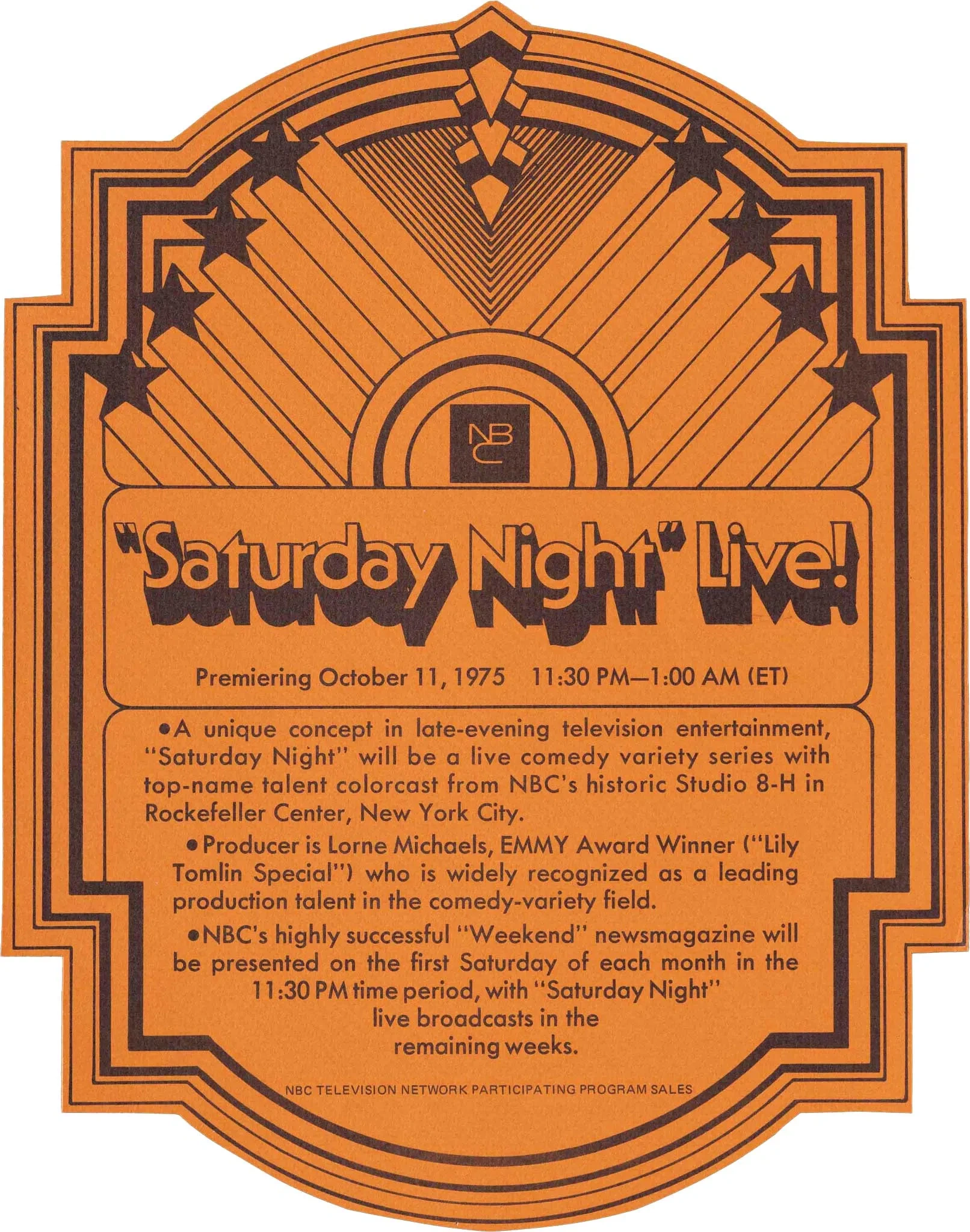 A promotional card pitching Saturday Night Live