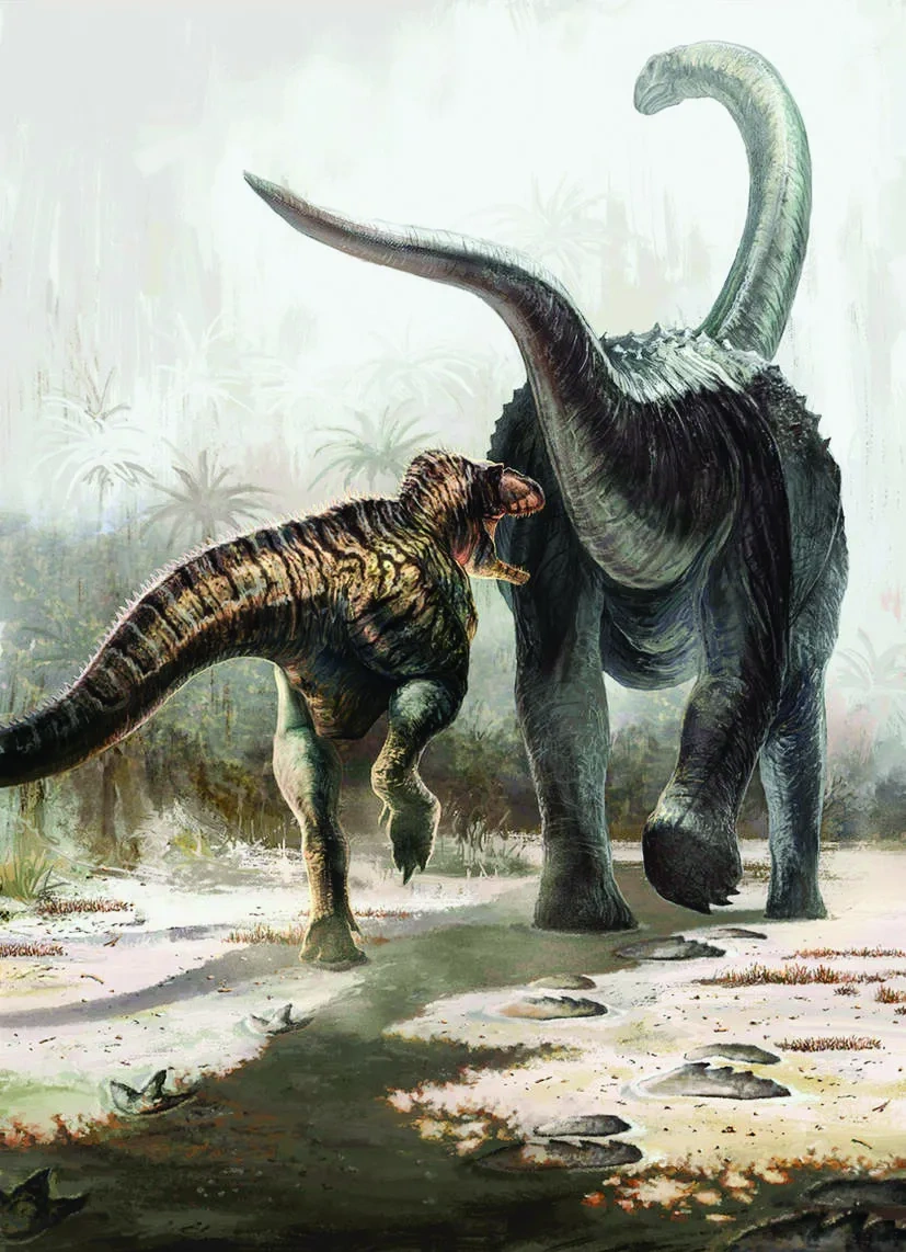 A theropod tracks a sauropod. 
