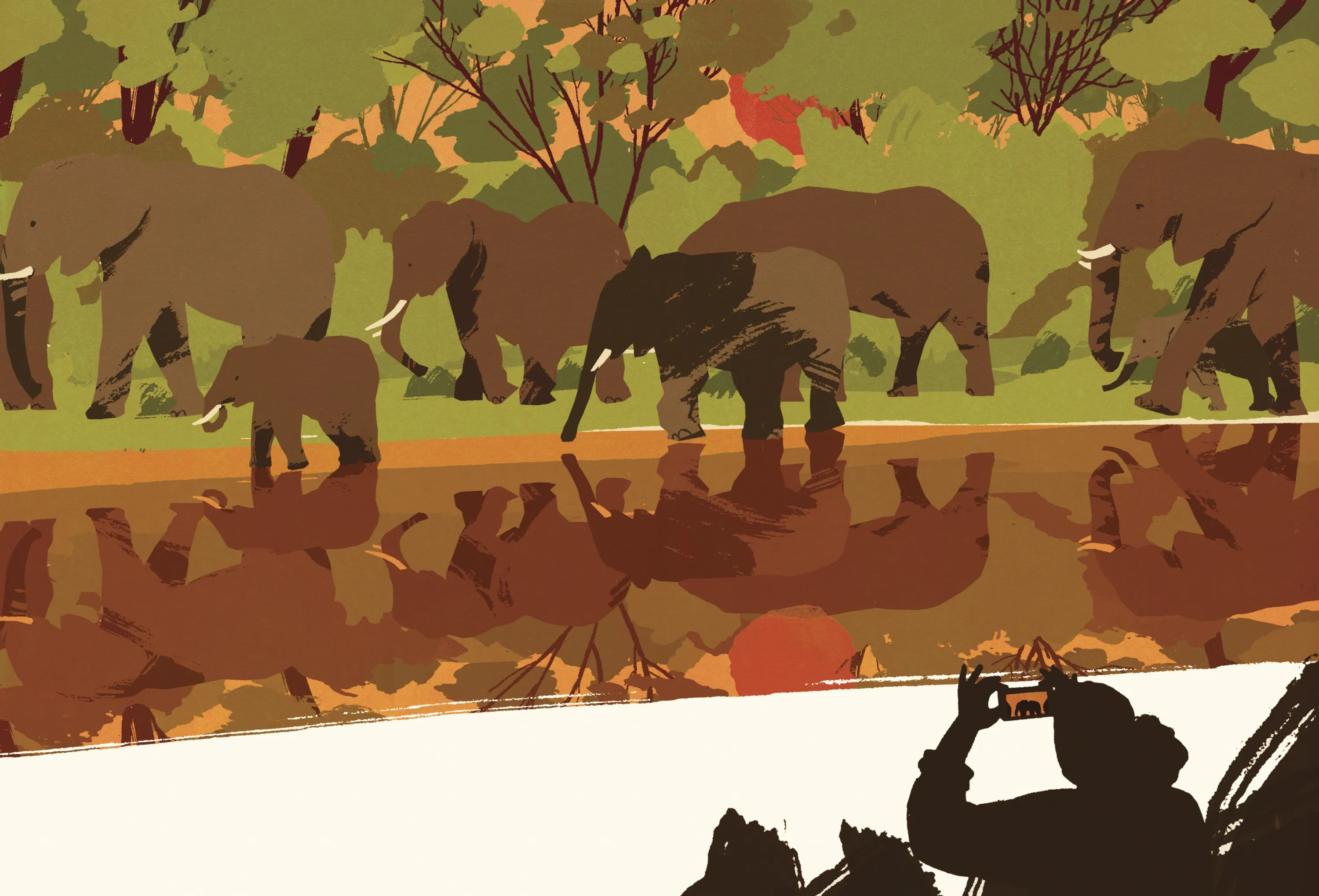 An illustration in earth tones of a tourist's silhouette taking a photo of an elephant herd walking alongside a body of water.