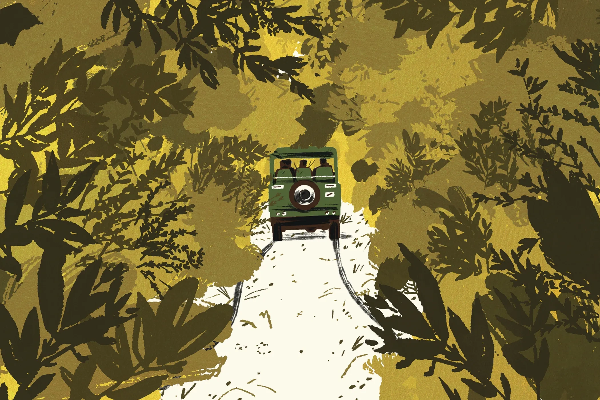 An illustration of a Jeep going through a jungle.