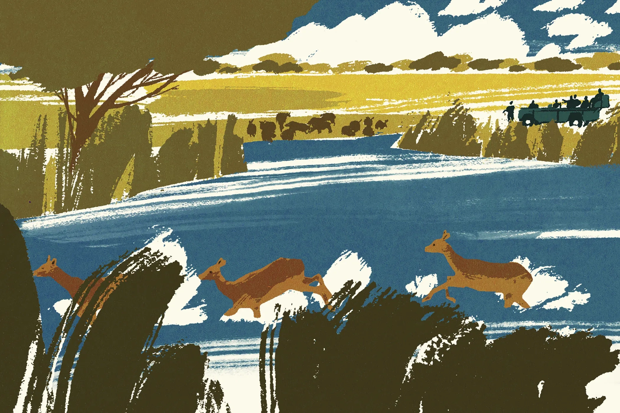 An illustration of animals crossing a river against a cloud-covered sky.