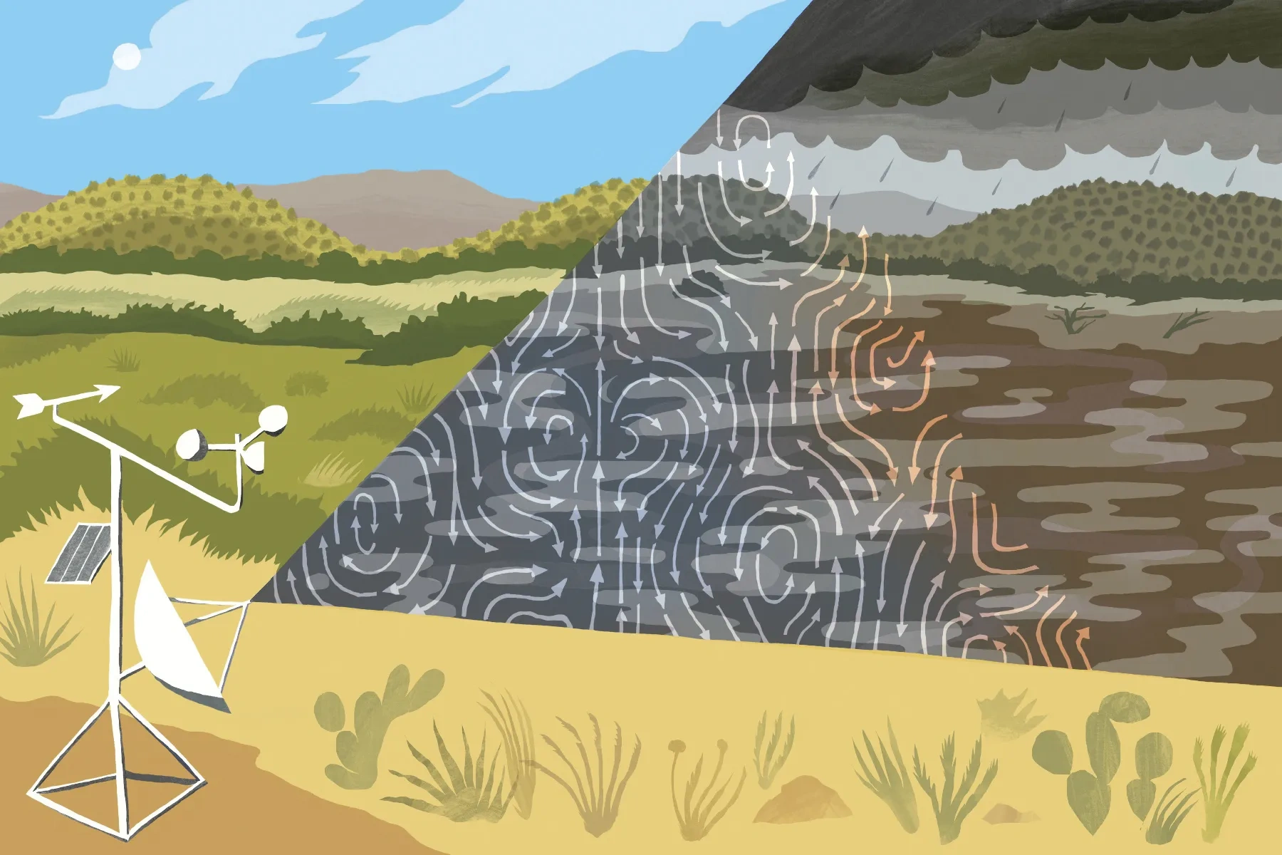 An abstract illustration of weather instruments looking out onto a landscape.