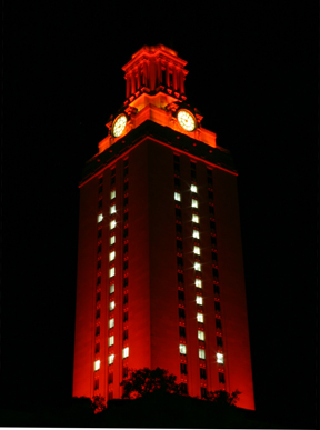 The University of Texas Tower lit orange