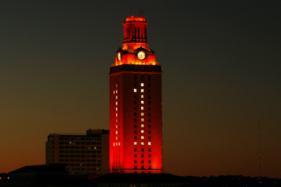 The UT Tower lit up